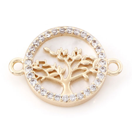 Picture of Natural Shell & Brass Connectors Charms Pendants Round Tree 18K Real Gold Plated Micro Pave Clear Cubic Zirconia 17mm x 12mm, 1 Piece