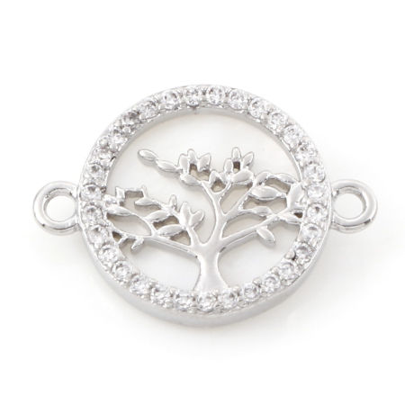 Picture of Natural Shell & Brass Connectors Charms Pendants Round Tree Real Platinum Plated Micro Pave Clear Cubic Zirconia 17mm x 12mm, 1 Piece