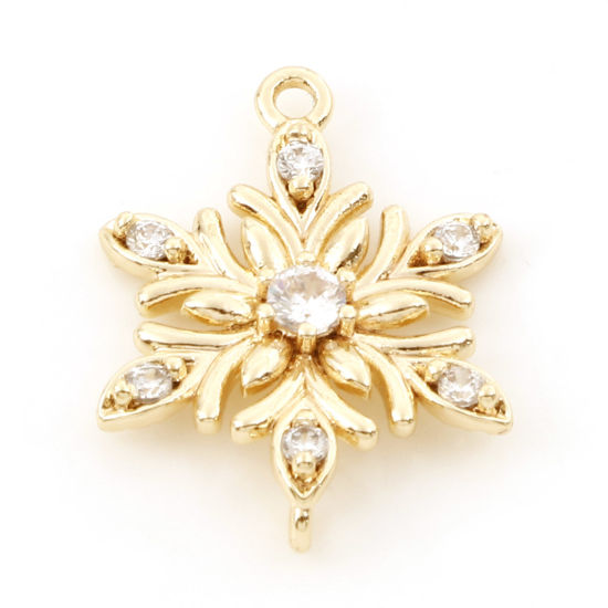 Bild von Messing Steckverbinder Charms Anhänger Weihnachten Schneeflocke 18K Echtgold plattiert Klar Zirkonia 18mm x 13mm, 2 Stück