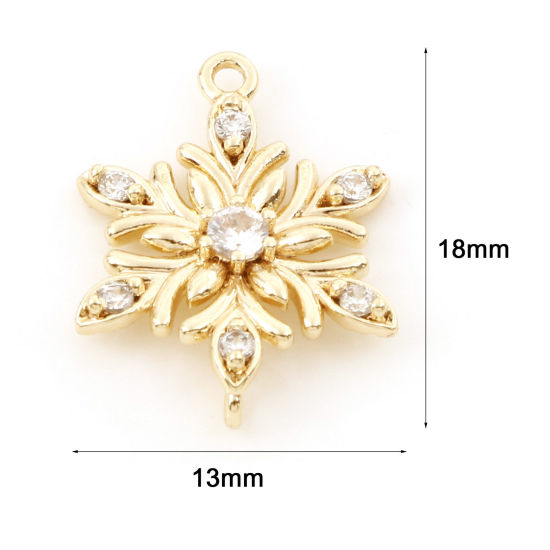 Bild von Messing Steckverbinder Charms Anhänger Weihnachten Schneeflocke 18K Echtgold plattiert Klar Zirkonia 18mm x 13mm, 2 Stück