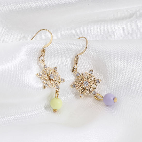 Bild von Messing Steckverbinder Charms Anhänger Weihnachten Schneeflocke 18K Echtgold plattiert Klar Zirkonia 18mm x 13mm, 2 Stück