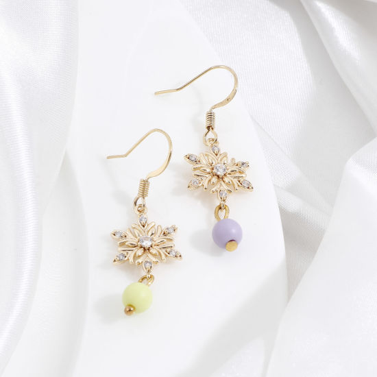 Bild von Messing Steckverbinder Charms Anhänger Weihnachten Schneeflocke 18K Echtgold plattiert Klar Zirkonia 18mm x 13mm, 2 Stück