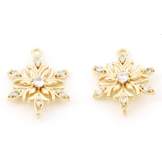 Bild von Messing Steckverbinder Charms Anhänger Weihnachten Schneeflocke 18K Echtgold plattiert Klar Zirkonia 18mm x 13mm, 2 Stück