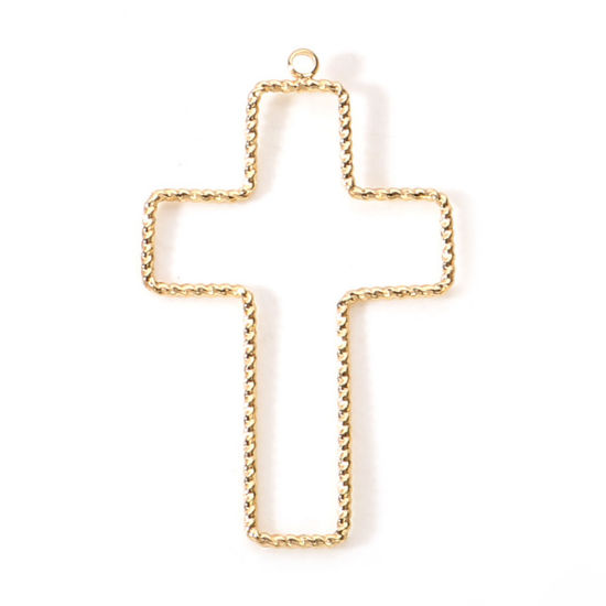 Picture of 2 PCs Brass Geometric Bezel Frame Charms Pendants 18K Real Gold Plated Cross Spiral 4.6cm x 2.8cm                                                                                                                                                             