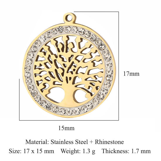 Imagen de Enchapado al Vacío Ecológico 304 Acero Inoxidable Colgantes Charms Ronda Chapado en Oro de 18K Árbol de la Vida Transparente Rhinestone 17mm x 15mm, 1 Unidad