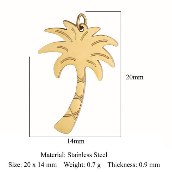 Imagen de Enchapado al Vacío Ecológico 304 Acero Inoxidable Colgantes Charms Árbol de Coco Chapado en Oro de 18K 20mm x 14mm, 1 Unidad