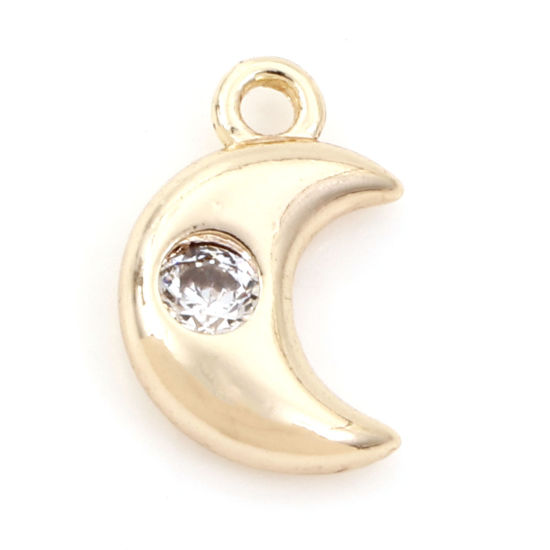 Picture of Brass Galaxy Charms 18K Real Gold Plated Half Moon Clear Cubic Zirconia 10mm x 7mm, 3 PCs