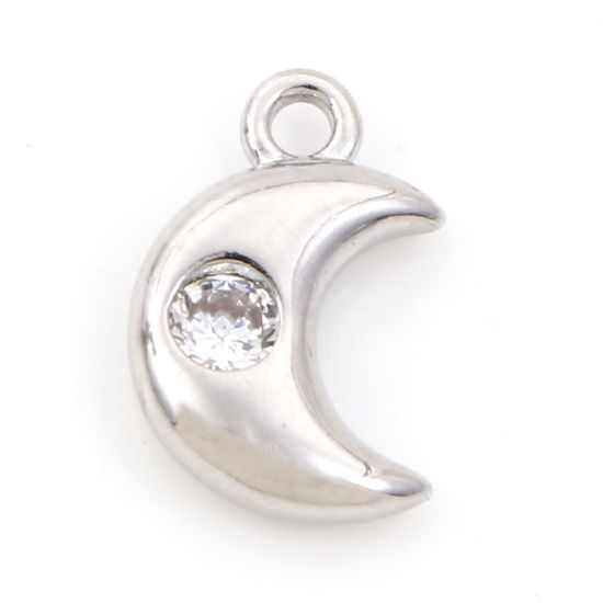 Picture of Brass Galaxy Charms Real Platinum Plated Half Moon Clear Cubic Zirconia 10mm x 7mm, 3 PCs