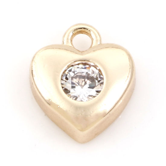 Picture of Brass Valentine's Day Charms 18K Real Gold Plated Heart Clear Cubic Zirconia 8mm x 7mm, 3 PCs