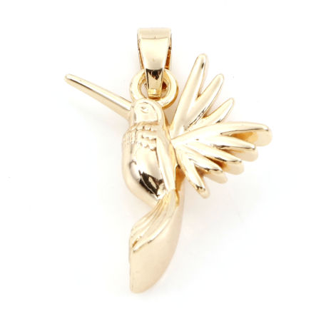 Picture of 2 PCs Brass Charm Pendant 18K Real Gold Plated Hummingbird 3D 23mm x 16mm