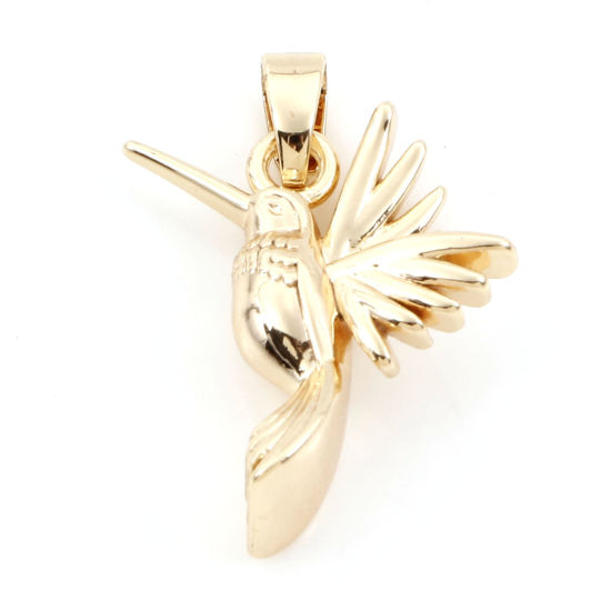 Image de 2 Pcs Pendentif Breloque en Laiton Oiseau-Mouche Plaqué Or Véritable 18K 3D 23mm x 16mm