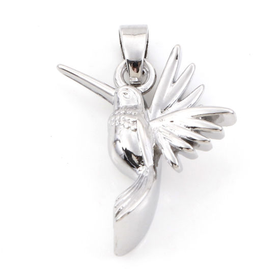 Image de 2 Pcs Pendentif Breloque en Laiton Oiseau-Mouche Plaqué Platine Véritable 3D 23mm x 16mm