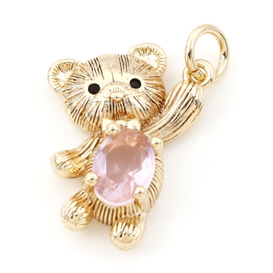 Imagen de Latón Colgantes Charms Oso 18K Oro Real Chapado Rosa Claro Circón Artificial 22mm x 13mm, 2 Unidades