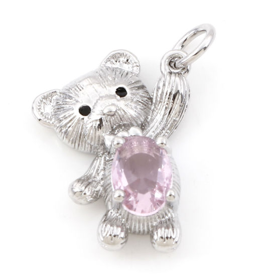 Imagen de Latón Colgantes Charms Oso Platino Real Chapado Rosa Claro Circón Artificial 22mm x 13mm, 2 Unidades