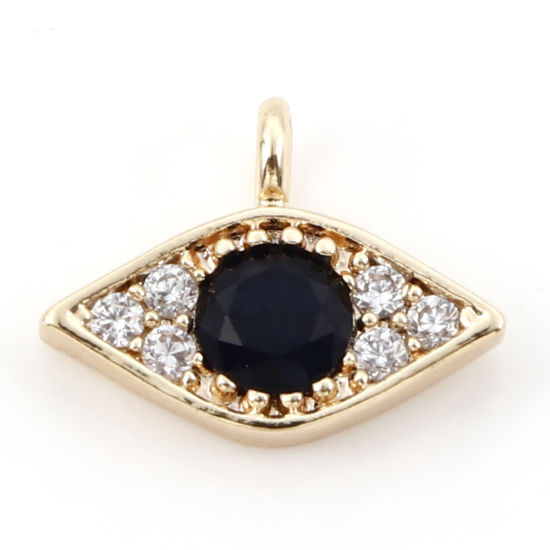 Image de Breloques Micro Pave en Laiton œil Plaqué Or Véritable 18K à Zircone Cubique Clair & Noir 12mm x 9mm, 2 Pcs