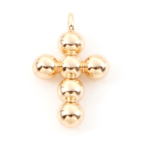 Picture of Brass Religious Charms 18K Real Gold Plated Cross Dot 14mm x 9mm, 2 PCs