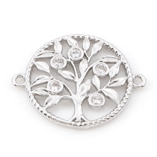 Bild von Messing Micro Pave Steckverbinder Charms Anhänger Rund Lebensbaum Echt Platin plattiert Hohl Klar Zirkonia 22mm x 18mm, 2 Stück