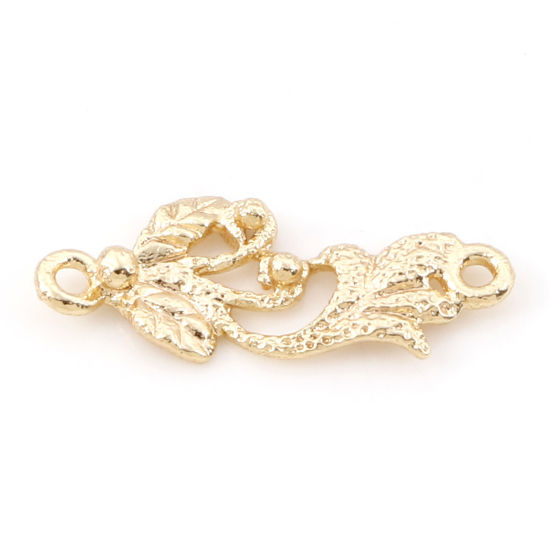 Picture of Brass Connectors Charms Pendants Flower Leaves 18K Real Gold Plated 3D 19mm x 7.5mm, 5 PCs                                                                                                                                                                    