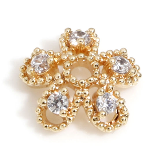 Picture of Brass Beads Caps Flower 18K Real Gold Plated Micro Pave Clear Cubic Zirconia (Fit 10mm Bead) 9mm x 8mm, 3 PCs