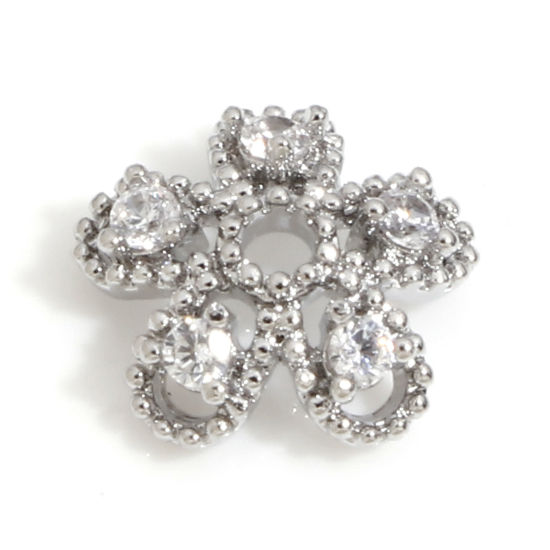 Picture of Brass Beads Caps Flower Real Platinum Plated Micro Pave Clear Cubic Zirconia (Fit 10mm Bead) 9mm x 8mm, 3 PCs