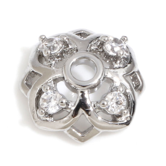 Picture of Brass Beads Caps Flower Real Platinum Plated Micro Pave Clear Cubic Zirconia (Fit 12mm Bead) 10mm x 10mm, 3 PCs