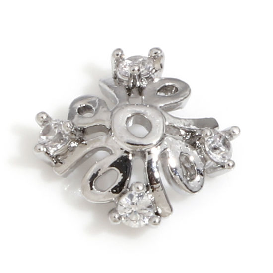 Picture of Brass Beads Caps Flower Real Platinum Plated Micro Pave Clear Cubic Zirconia (Fit 10mm Bead) 7.5mm x 7.5mm, 3 PCs