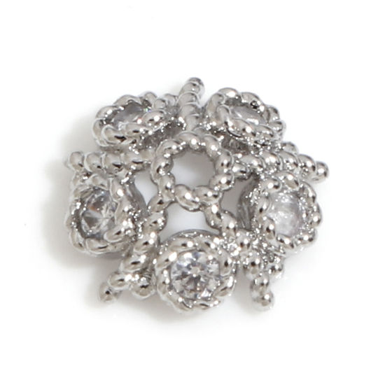 Picture of Brass Beads Caps Flower Real Platinum Plated Micro Pave Clear Cubic Zirconia (Fit 8mm Bead) 7.5mm x 7.5mm, 3 PCs