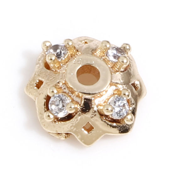 Bild von Messing Perlkappen Blumen 18K Echtgold plattiert Micro Pave Klar Zirkonia (Passt 8mm Perle) 7mm x 7mm, 3 Stück