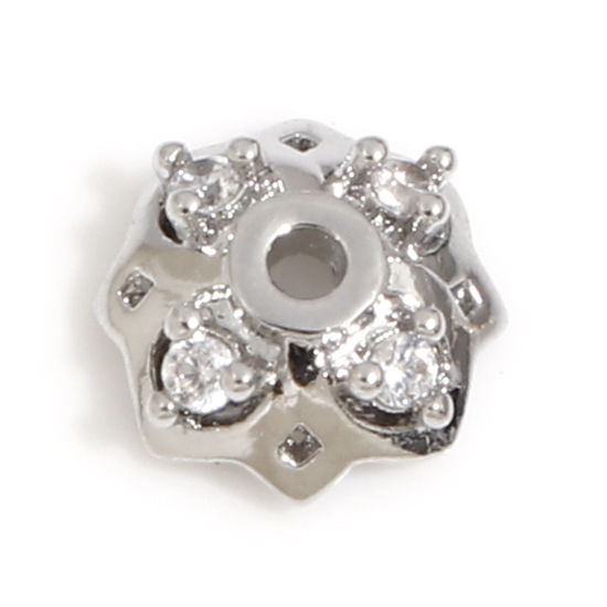 Picture of Brass Beads Caps Flower Real Platinum Plated Micro Pave Clear Cubic Zirconia (Fit 8mm Bead) 7mm x 7mm, 3 PCs