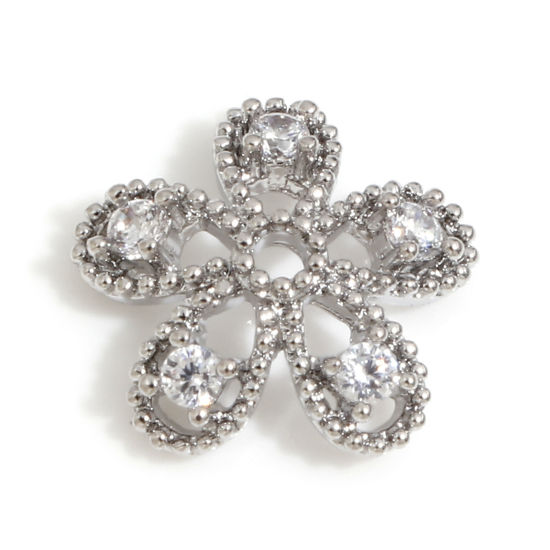 Picture of Brass Beads Caps Flower Real Platinum Plated Micro Pave Clear Cubic Zirconia (Fit 14mm Bead) 11.5mm x 11.5mm, 3 PCs