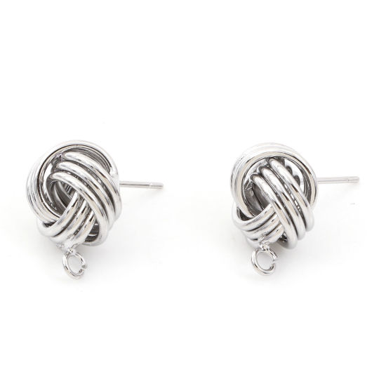 Picture of Brass Ear Post Stud Earrings Real Platinum Plated Ball Of Yarn With Loop 16mm x 13mm, Post/ Wire Size: (21 gauge), 2 PCs