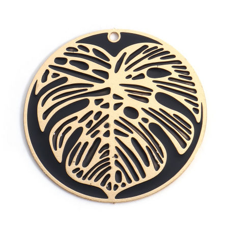 Picture of Iron Based Alloy Disc Pendants Gold Plated Black Round Monstera Leaf Enamel 3.9cm Dia., 2 PCs