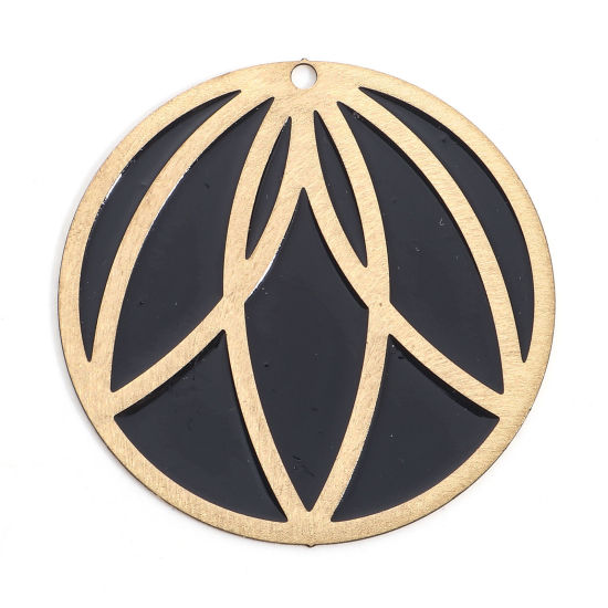 Bild von Eisenlegierung Anhänger Vergoldet Schwarz Rund Blumenblatt Emaille 4.2cm Dia., 2 Stück