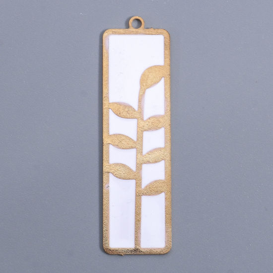 Bild von Eisenlegierung Anhänger Vergoldet Weiß Rechteck Blätter Emaille 4.8cm x 1.4cm, 2 Stück
