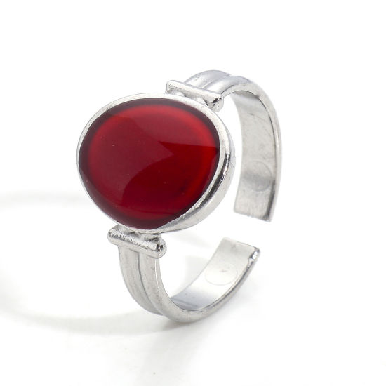 Picture of Eco-friendly 304 Stainless Steel Open Adjustable Rings Silver Tone Wine Red Oval Enamel 16.9mm(US Size 6.5), 1 Piece