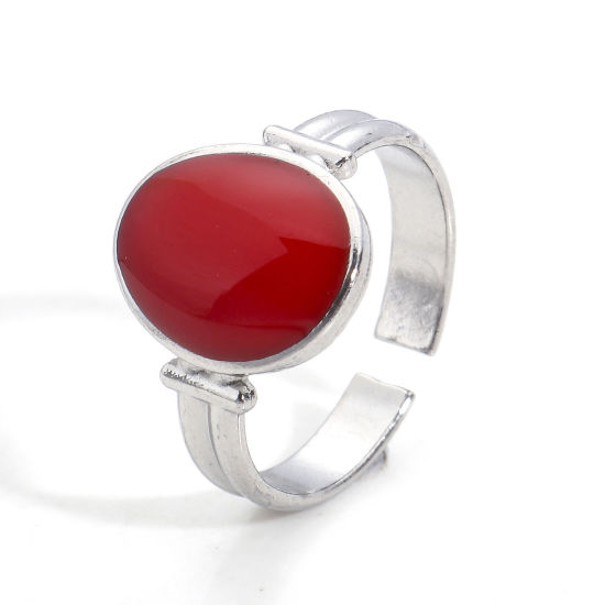 Picture of Eco-friendly 304 Stainless Steel Open Adjustable Rings Silver Tone Red Oval Enamel 16.9mm(US Size 6.5), 1 Piece