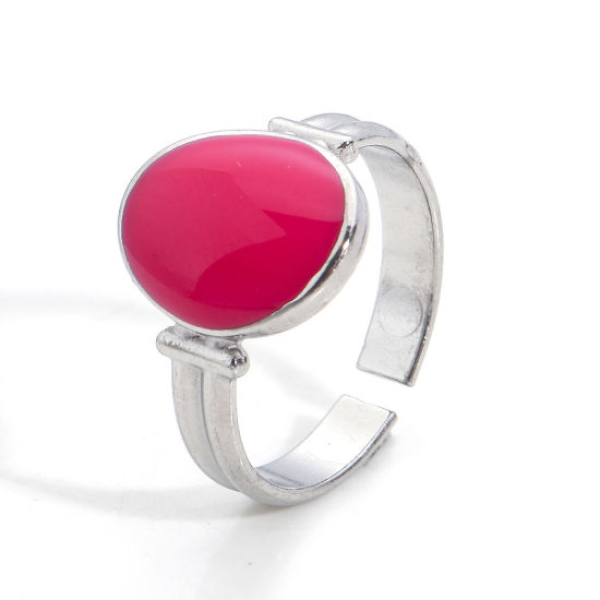 Picture of Eco-friendly 304 Stainless Steel Open Adjustable Rings Silver Tone Fuchsia Oval Enamel 16.9mm(US Size 6.5), 1 Piece