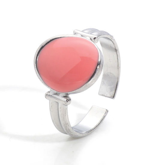 Picture of Eco-friendly 304 Stainless Steel Open Adjustable Rings Silver Tone Pink Oval Enamel 16.9mm(US Size 6.5), 1 Piece