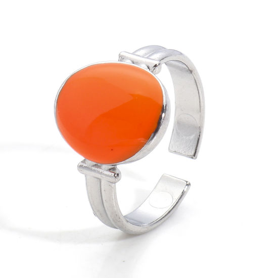 Picture of Eco-friendly 304 Stainless Steel Open Adjustable Rings Silver Tone Orange Oval Enamel 16.9mm(US Size 6.5), 1 Piece