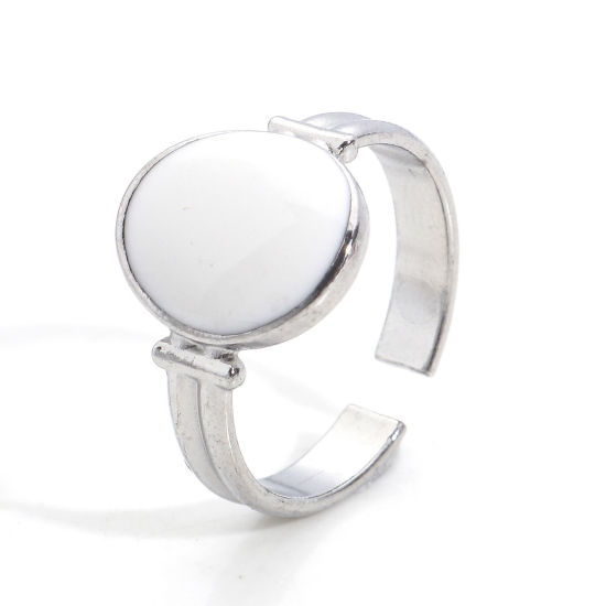 Picture of Eco-friendly 304 Stainless Steel Open Adjustable Rings Silver Tone White Oval Enamel 16.9mm(US Size 6.5), 1 Piece