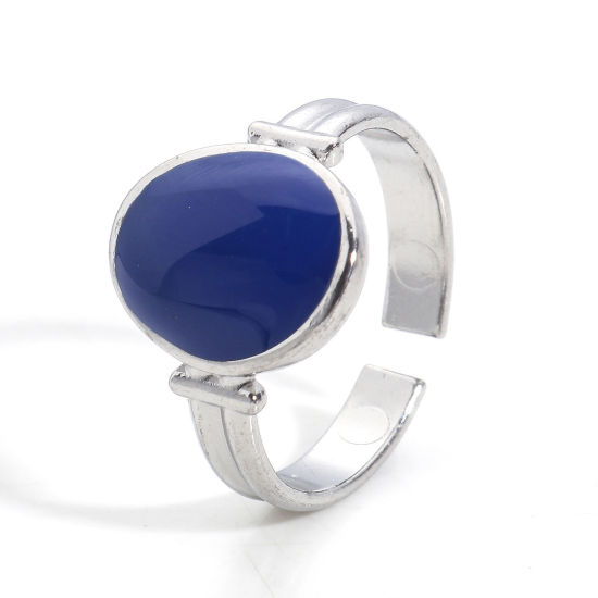 Picture of Eco-friendly 304 Stainless Steel Open Adjustable Rings Silver Tone Blue Oval Enamel 16.9mm(US Size 6.5), 1 Piece