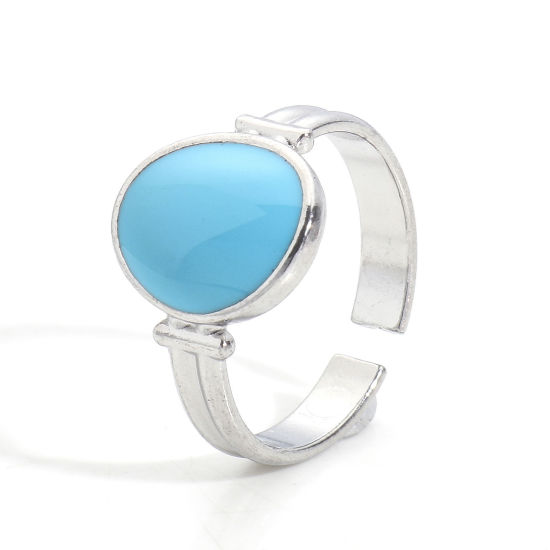 Picture of Eco-friendly 304 Stainless Steel Open Adjustable Rings Silver Tone Skyblue Oval Enamel 16.9mm(US Size 6.5), 1 Piece