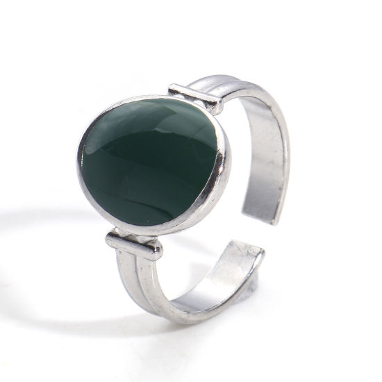 Picture of Eco-friendly 304 Stainless Steel Open Adjustable Rings Silver Tone Dark Green Oval Enamel 16.9mm(US Size 6.5), 1 Piece