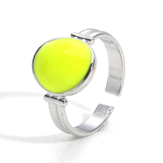 Picture of Eco-friendly 304 Stainless Steel Open Adjustable Rings Silver Tone Neon Yellow Oval Enamel 16.9mm(US Size 6.5), 1 Piece