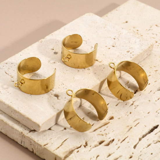 Bild von 2 Stück Umweltfreundliche PVD-Vakuumbeschichtung 304 Edelstahl Offen Verstellbar Ring 18K Gold plattiert Mit offener Schleife 18.5mm（US Größe:8.5)