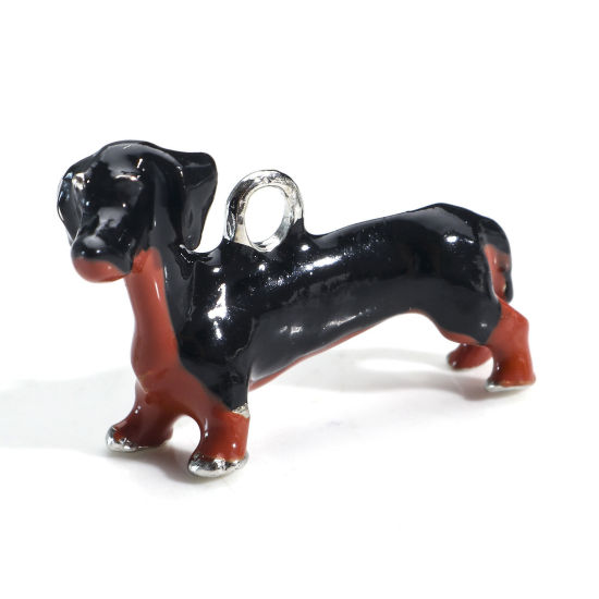 Picture of Zinc Based Alloy Pendants Silver Tone Black & Dark Coffee Dog Animal 3D Enamel 3.5cm x 2.3cm, 2 PCs