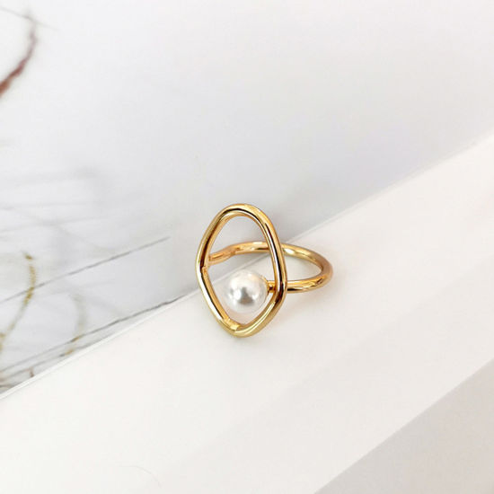 Picture of Elegant Unadjustable Rings Circle Ring Gold Plated Imitation Pearl 17mm(US Size 6.5), 1 Piece