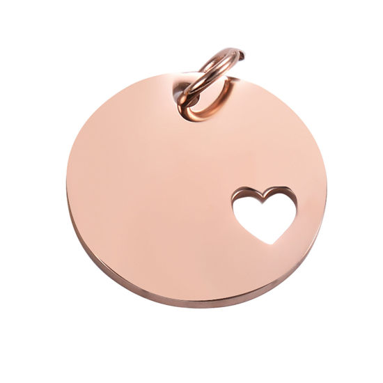 Image de PendentifsÉtiquettes d'Estampage Vierges en 201 Acier Inoxydable Rond Cœur Or Rose Polissage Miroir 25mm Dia, 1 Pièce