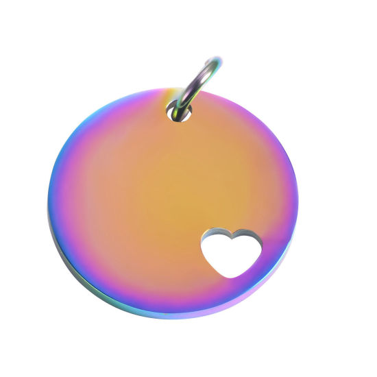 Bild von 201 Edelstahl Leere Stempeletiketten Anhänger Rund Herz Regenbogenfarbe Plattiert Spiegelpolieren 25mm D., 1 Stück
