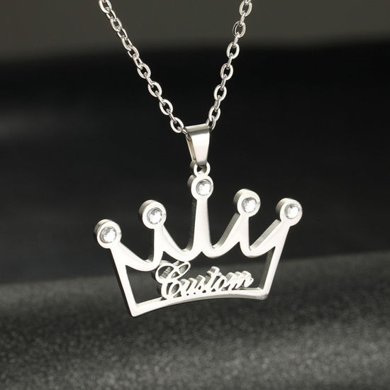 Picture of 1 Piece 304 Stainless Steel Customized Name Necklace Personalized Letter Pendant Crown Silver Tone 52cm(20 4/8") long